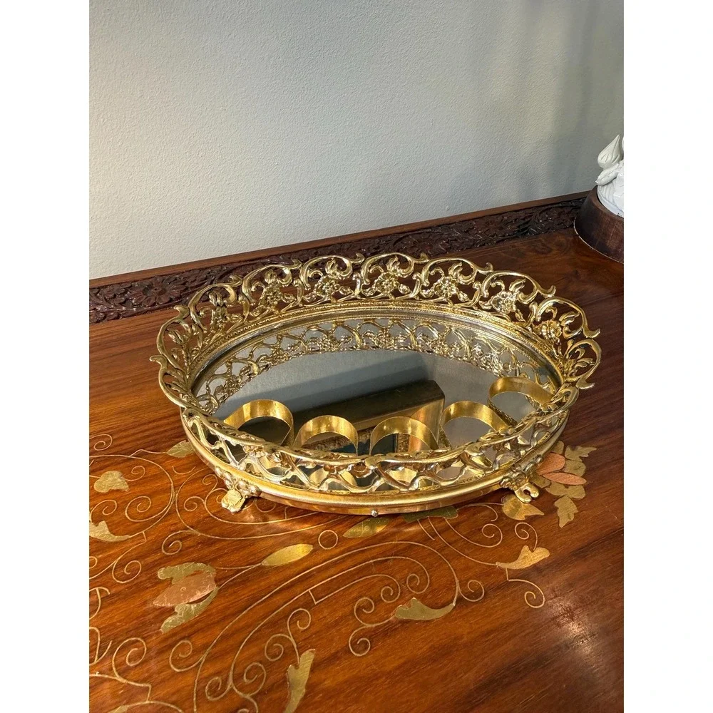 Vintage‎ Gold Ormolu Lipstick Holder - Mirrored Vanity Tray